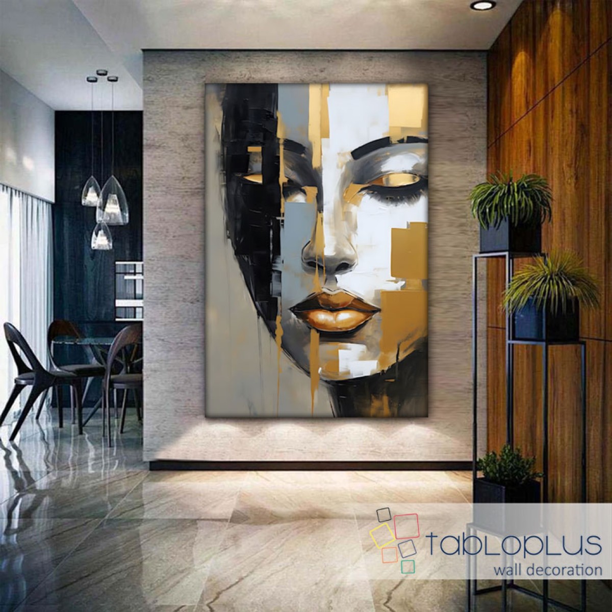 Gold Grey Woman Face Textured Partial Oil Painting